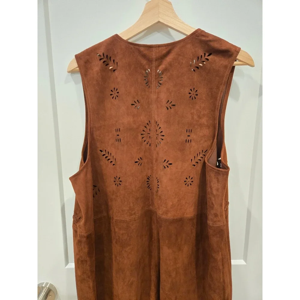Sundance Brown Leather Suede Boho Fringe Duster Vest Laser Cut Floral Large - Picture 10 of 12